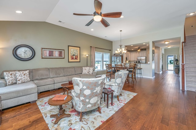 511 Nandina Dr, Goose Creek, SC 29445 - living room featuring ceiling fan with notable chandelier, visible vents, recessed lighting, vaulted ceiling, and dark wood-style floors