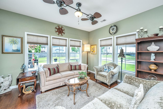 511 Nandina Dr, Goose Creek, SC 29445 - living room with wood finished floors, visible vents, baseboards, and ceiling fan