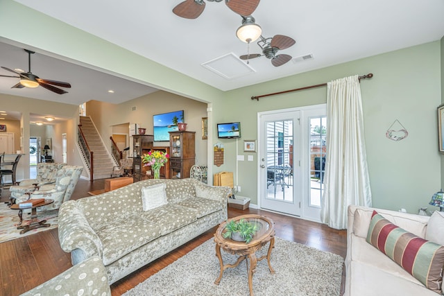 511 Nandina Dr, Goose Creek, SC 29445 - living area featuring stairs, visible vents, ceiling fan, and wood finished floors