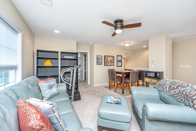 511 Nandina Dr, Goose Creek, SC 29445 - living area featuring a ceiling fan, recessed lighting, baseboards, visible vents, and light colored carpet