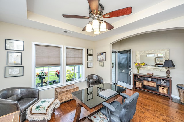 511 Nandina Dr, Goose Creek, SC 29445 - office space with ceiling fan, hardwood / wood-style flooring, arched walkways, and visible vents