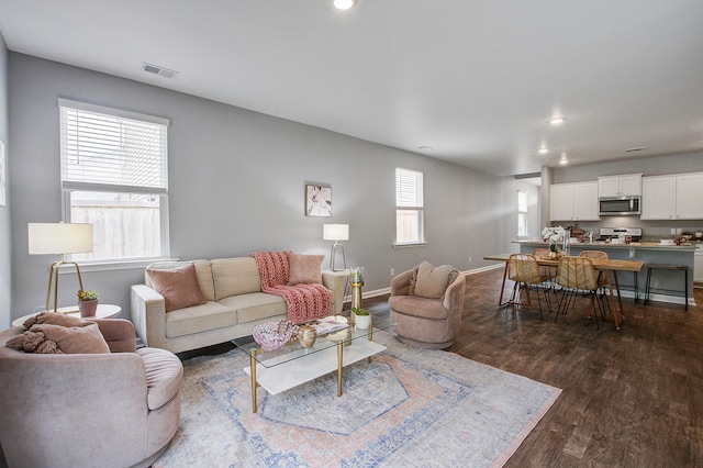 living room with dark hardwood / wood-style floors