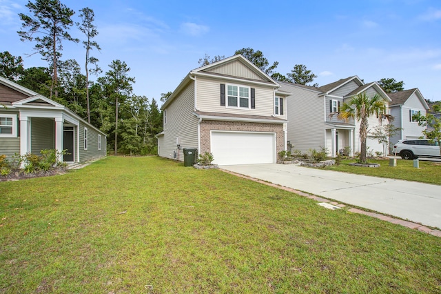 craftsman house featuring a garage and a front lawn