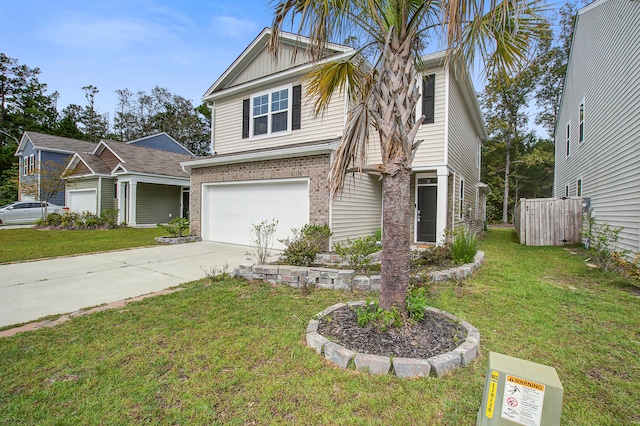 view of front of home with a garage and a front lawn