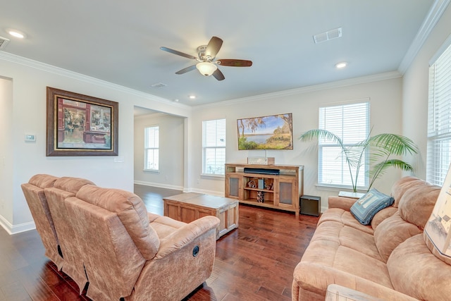 living room featuring crown molding, dark hardwood / wood-style floors, and ceiling fan