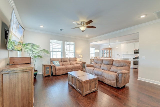 living room featuring ornamental molding, dark hardwood / wood-style floors, sink, and ceiling fan