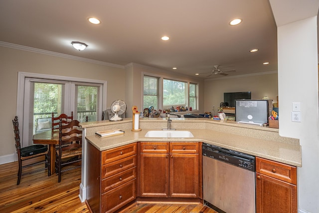 3005 Macbeth Creek Dr, Charleston, SC 29414 - kitchen featuring dishwasher, ornamental molding, wood finished floors, plenty of natural light, and recessed lighting