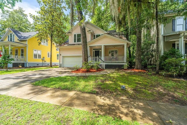 3005 Macbeth Creek Dr, Charleston, SC 29414 - view of front of house featuring a porch, driveway, a garage, a ceiling fan, and a front yard