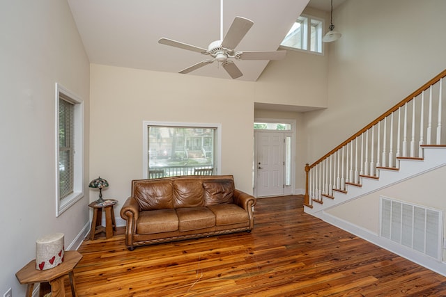 3005 Macbeth Creek Dr, Charleston, SC 29414 - living room with hardwood / wood-style floors, stairs, high vaulted ceiling, and a ceiling fan