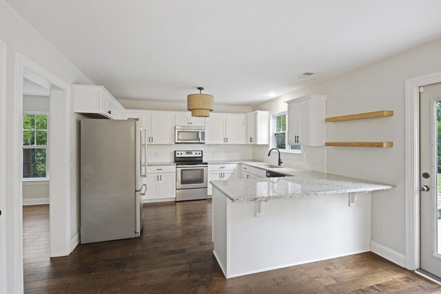 1506 Southwick Dr, Johns Island, SC 29455 - kitchen featuring appliances with stainless steel finishes, a sink, a peninsula, open shelves, and plenty of natural light