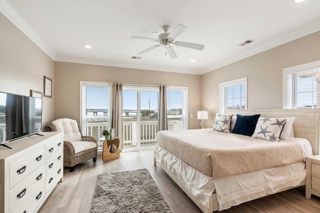 116 W 2nd St, Folly Beach, SC 29439 - bedroom with access to outside, crown molding, recessed lighting, light wood-type flooring, and a ceiling fan