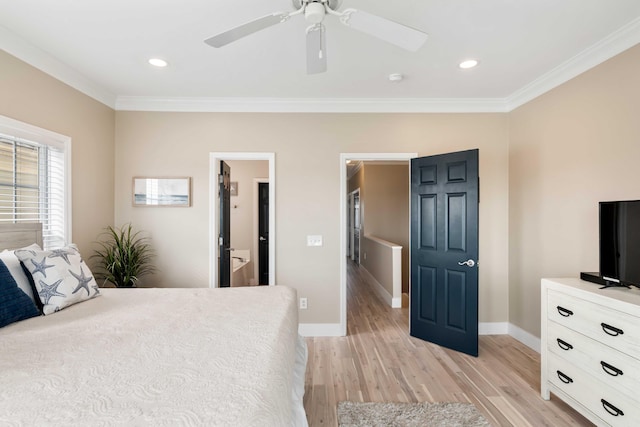 116 W 2nd St, Folly Beach, SC 29439 - bedroom featuring ornamental molding, light wood-type flooring, baseboards, ceiling fan, and recessed lighting
