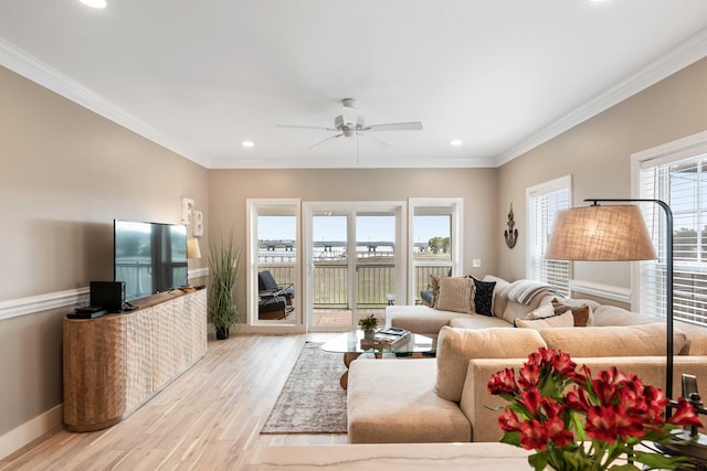 116 W 2nd St, Folly Beach, SC 29439 - living room with ceiling fan, light wood-type flooring, recessed lighting, ornamental molding, and baseboards