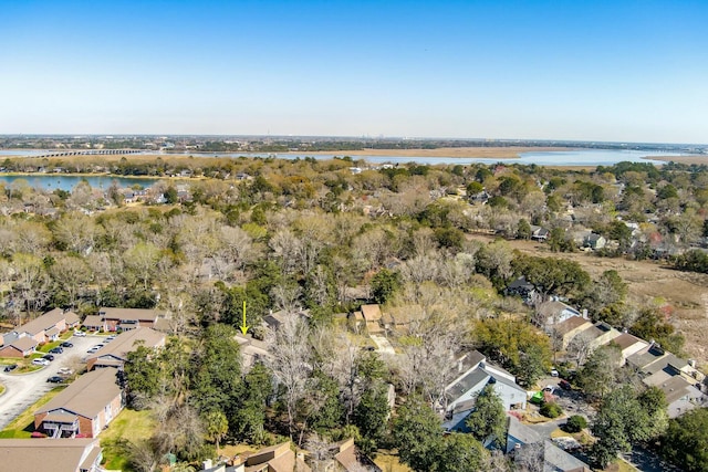 aerial view featuring a water view and a residential view