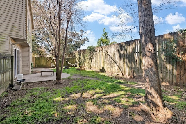 view of yard featuring a patio area and a fenced backyard