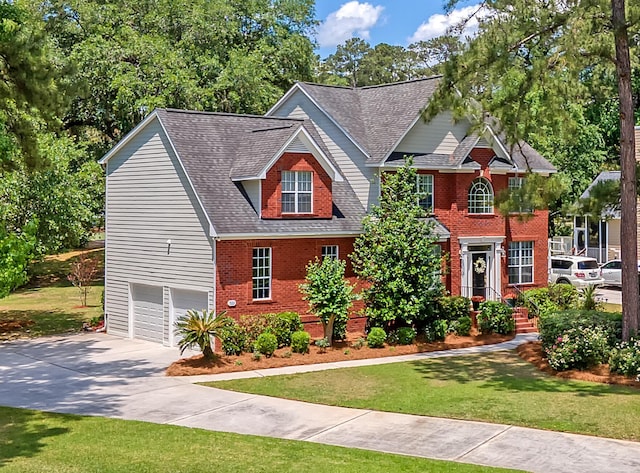 view of front of property with brick siding, an attached garage, concrete driveway, and a front lawn