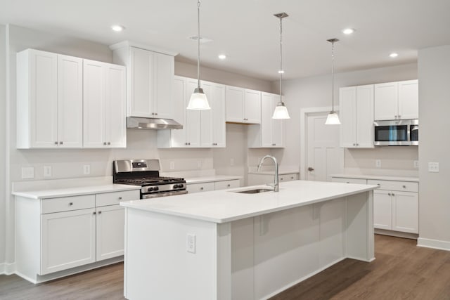 kitchen featuring white cabinetry, an island with sink, stainless steel appliances, and sink