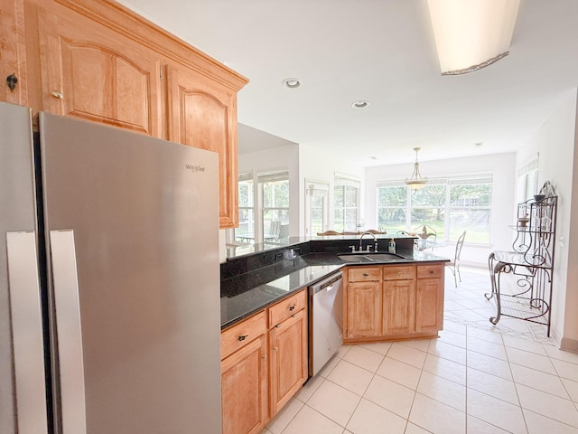 1804 Bass Rd, Moncks Corner, SC 29461 - kitchen featuring freestanding refrigerator, dishwasher, light brown cabinets, light tile patterned floors, and recessed lighting