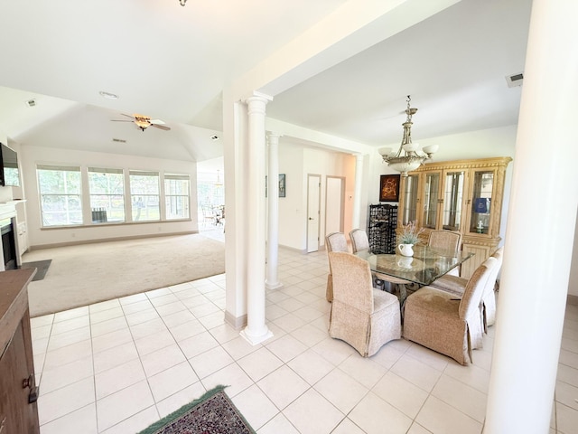 1804 Bass Rd, Moncks Corner, SC 29461 - dining space with a chandelier, ornate columns, light colored carpet, light tile patterned floors, and lofted ceiling