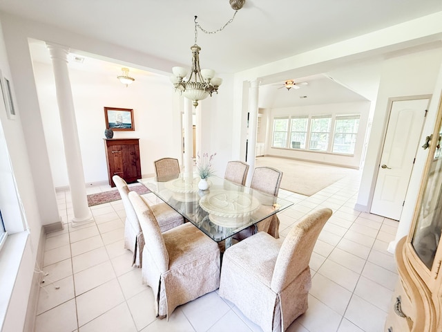 1804 Bass Rd, Moncks Corner, SC 29461 - dining space with decorative columns, light tile patterned floors, ceiling fan, and a chandelier