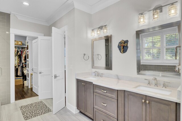 828 Bridge Point Cir, Mount Pleasant, SC 29464 - full bath featuring double vanity, ornamental molding, a spacious closet, and recessed lighting