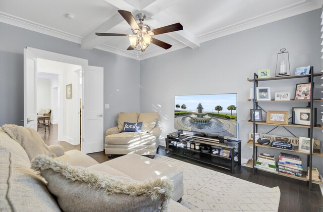 828 Bridge Point Cir, Mount Pleasant, SC 29464 - living area featuring beamed ceiling, ceiling fan, wood finished floors, and ornamental molding