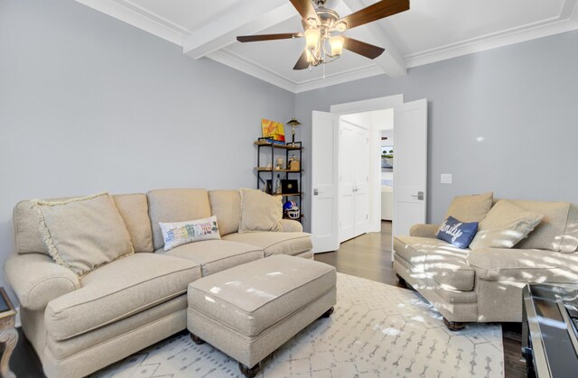 828 Bridge Point Cir, Mount Pleasant, SC 29464 - living area with beam ceiling, wood finished floors, ceiling fan, and crown molding
