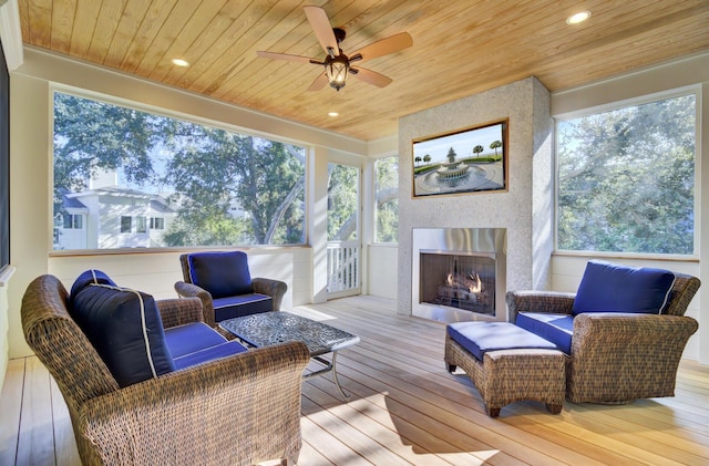 828 Bridge Point Cir, Mount Pleasant, SC 29464 - sunroom / solarium with wood ceiling, hardwood / wood-style floors, recessed lighting, and a deck
