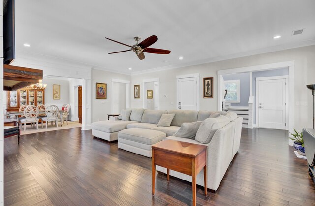 828 Bridge Point Cir, Mount Pleasant, SC 29464 - living room featuring ceiling fan, ornamental molding, recessed lighting, dark wood-style floors, and a chandelier