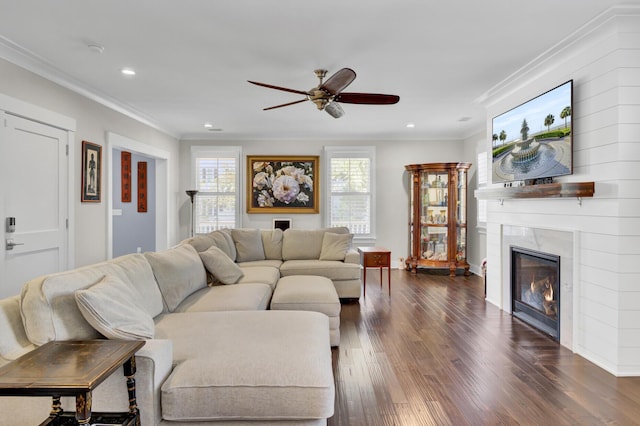 828 Bridge Point Cir, Mount Pleasant, SC 29464 - living room with a ceiling fan, ornamental molding, dark wood-type flooring, recessed lighting, and a glass covered fireplace