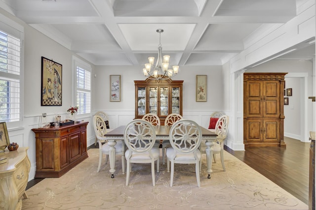 828 Bridge Point Cir, Mount Pleasant, SC 29464 - dining room with a chandelier, wood finished floors, beamed ceiling, coffered ceiling, and a wainscoted wall