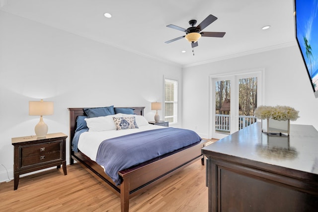 bedroom with ceiling fan, light hardwood / wood-style floors, crown molding, and access to outside