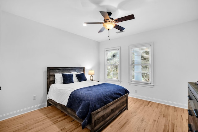 bedroom featuring ceiling fan and light wood-type flooring