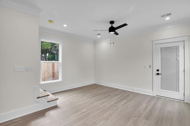 unfurnished room featuring a ceiling fan, crown molding, wood finished floors, baseboards, and recessed lighting