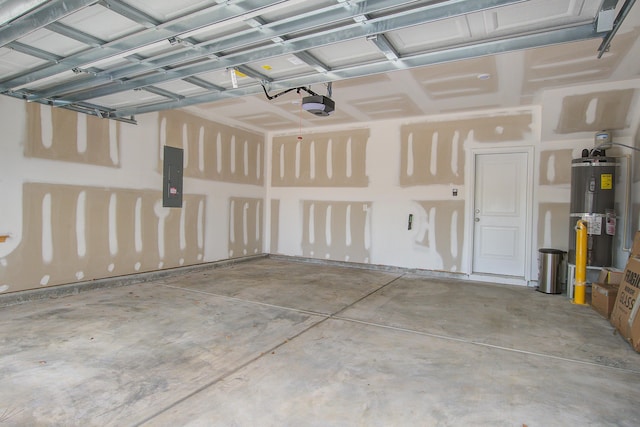 garage featuring a garage door opener, electric panel, and electric water heater