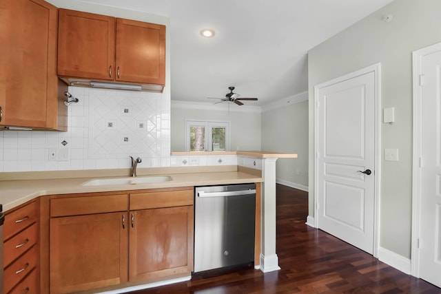 1604 Basildon Rd, Mount Pleasant, SC 29466 - kitchen with dishwasher, ceiling fan, tasteful backsplash, brown cabinetry, and ornamental molding