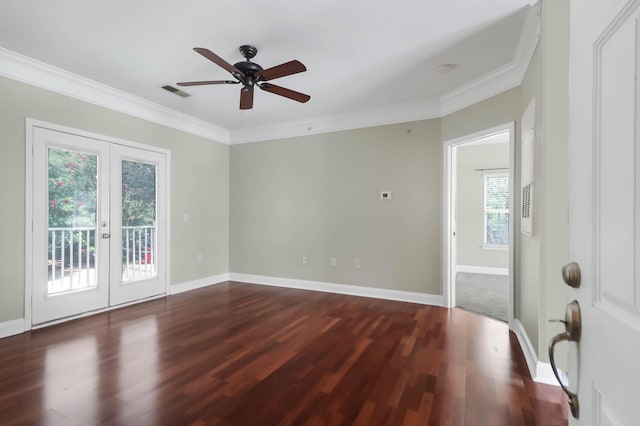 1604 Basildon Rd, Mount Pleasant, SC 29466 - spare room featuring french doors, ornamental molding, dark wood-type flooring, and a ceiling fan