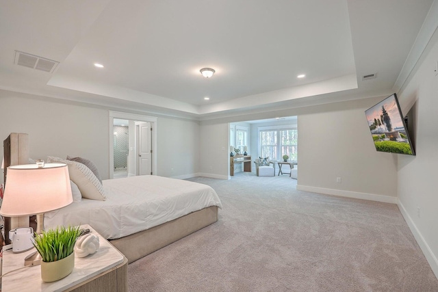 carpeted bedroom featuring a raised ceiling