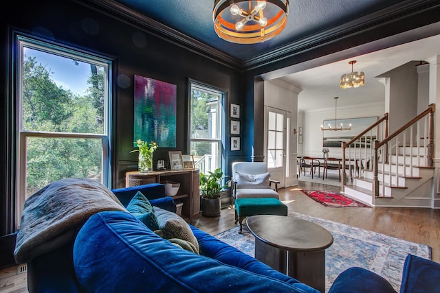 1081 Groves Manor Ct, Mount Pleasant, SC 29464 - living area featuring a chandelier, ornamental molding, stairs, and wood finished floors