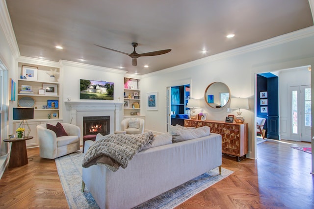1081 Groves Manor Ct, Mount Pleasant, SC 29464 - living room with a ceiling fan, a warm lit fireplace, built in features, crown molding, and recessed lighting