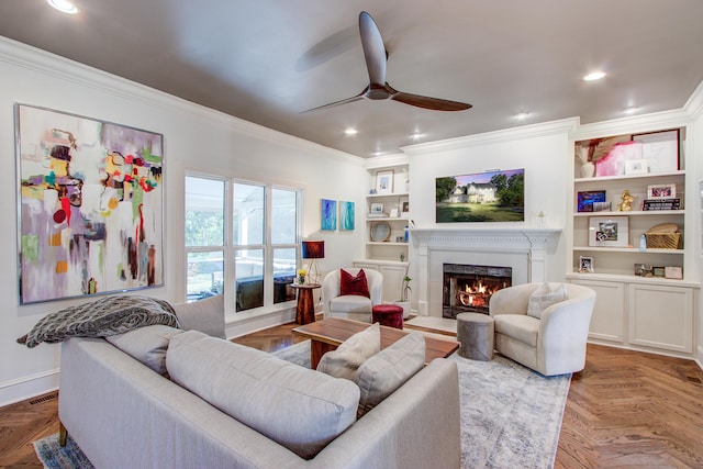 1081 Groves Manor Ct, Mount Pleasant, SC 29464 - living area featuring a ceiling fan, crown molding, recessed lighting, and a warm lit fireplace