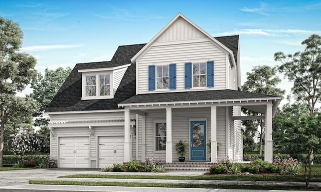 217 Clearpath Dr, Summerville, SC 29486 - view of front of property featuring roof with shingles, an attached garage, board and batten siding, concrete driveway, and covered porch