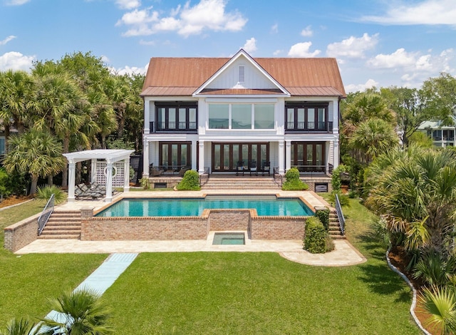 104 Beach St, Mount Pleasant, SC 29464 - rear view of property with french doors, an in-ground hot tub, a balcony, and a pergola