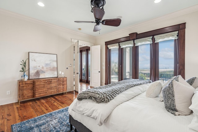 104 Beach St, Mount Pleasant, SC 29464 - bedroom featuring access to exterior, baseboards, hardwood / wood-style floors, crown molding, and recessed lighting
