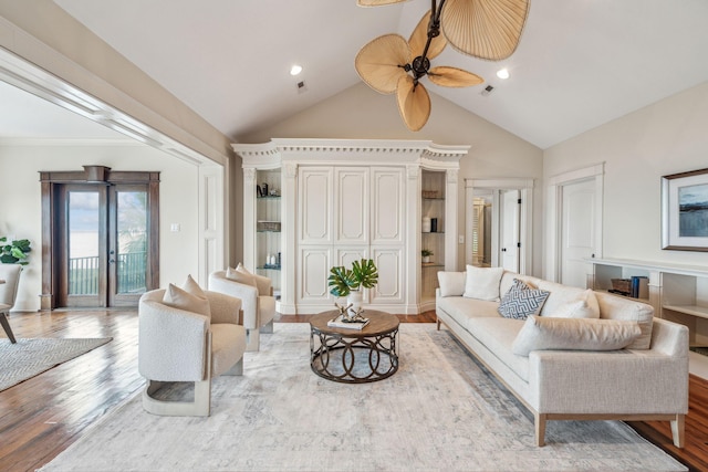 104 Beach St, Mount Pleasant, SC 29464 - living area with wood finished floors, high vaulted ceiling, and ceiling fan