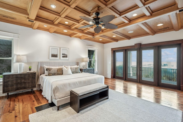 104 Beach St, Mount Pleasant, SC 29464 - bedroom featuring coffered ceiling, access to exterior, hardwood / wood-style flooring, recessed lighting, and wood ceiling with exposed beams