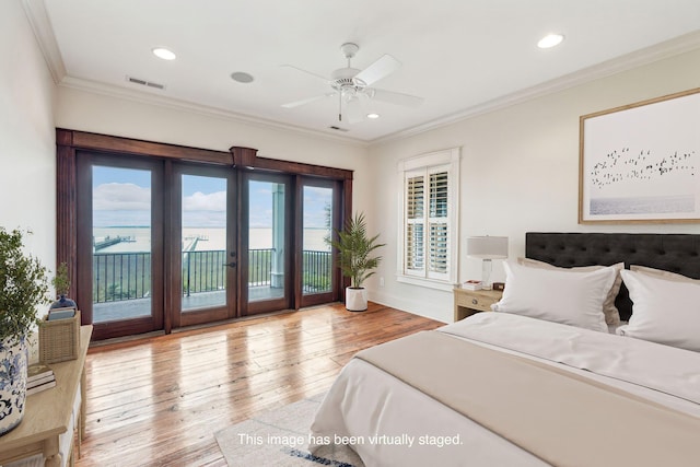 104 Beach St, Mount Pleasant, SC 29464 - bedroom with access to outside, french doors, crown molding, wood-type flooring, and recessed lighting