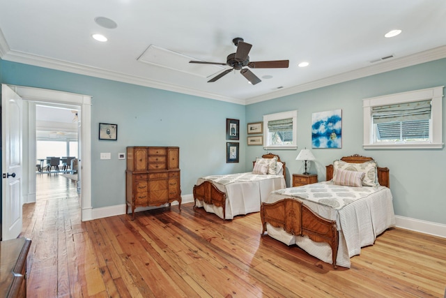104 Beach St, Mount Pleasant, SC 29464 - bedroom featuring light wood-style flooring, ornamental molding, attic access, baseboards, and ceiling fan
