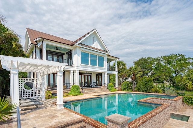 104 Beach St, Mount Pleasant, SC 29464 - back of house featuring ceiling fan, a balcony, french doors, a pergola, and a patio area