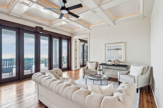 104 Beach St, Mount Pleasant, SC 29464 - living room with french doors, a ceiling fan, hardwood / wood-style flooring, coffered ceiling, and baseboards
